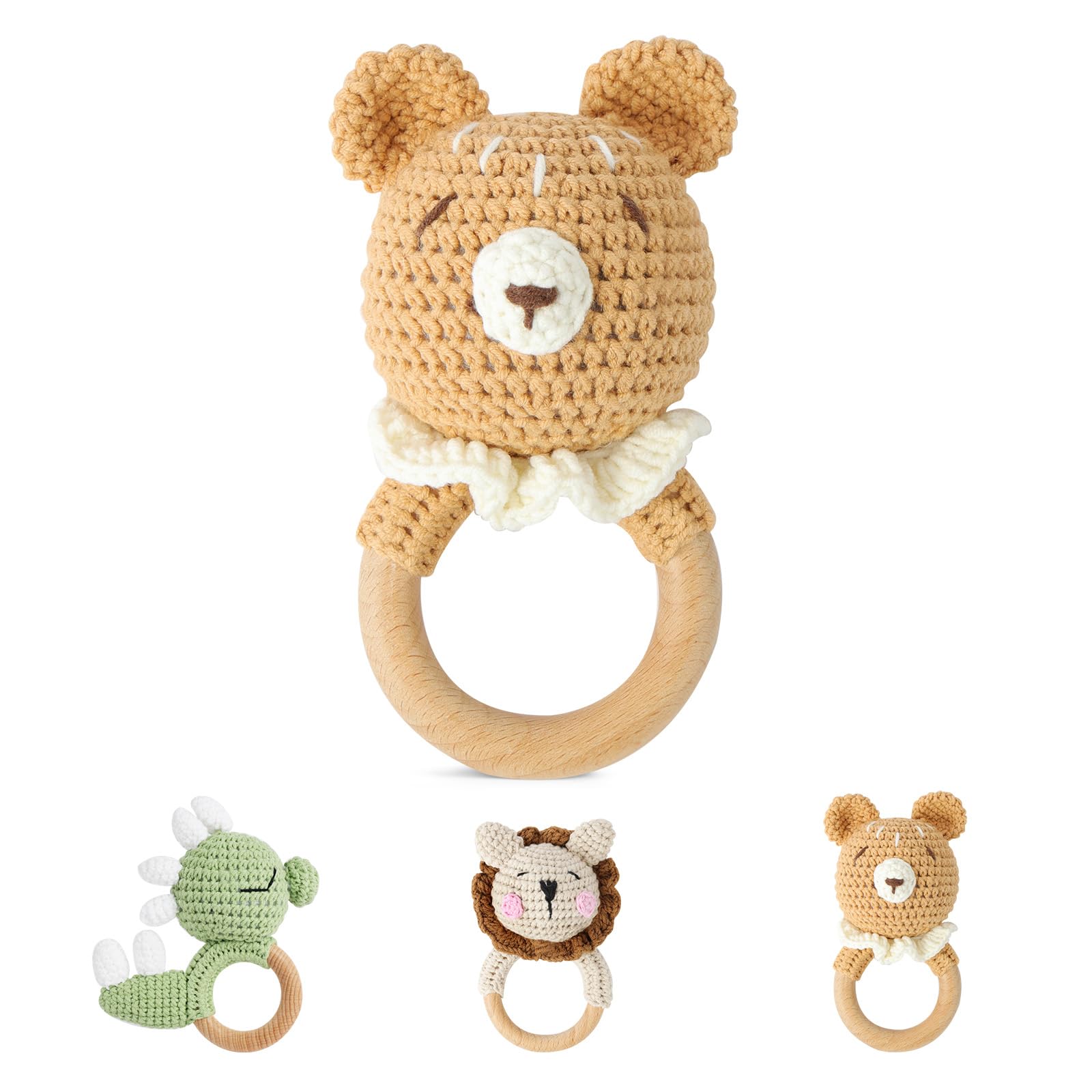 Vicloon Wooden Baby Rattle, Crochet Animals Soft Rattle Sensory Toys, Handmade Rattle for Newborn Gift, Baby Toys for Toddler 0-12 Months (Bear)