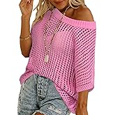 Swimsuit Coverup for Women Beach Vacation Clothes Spring Summer Scoop Neck Short Sleeve Sweaters Casual Crochet Knit Tops