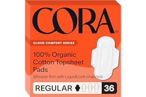 Cora 100% Organic Cotton Topsheet Pads | Ultra Thin Period Pad with Wings | Regular Absorbency | Ultra-Absorbent Sanitary Pads for Women (36 Count)