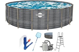 SUNNEDAY 18 ft. Round x 52 inch Pool | Rattan Soft-Sided Oasis Pool | Heavy-Gauge PVC Reinforced with Polyester | Heavy-Duty Metal Frame | Frame Ladder Matching Pool Cover, EZ Clean 200 Filter by Aqualoon