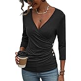 EasyGala Deep V Neck 3/4 Length Sleeve Tops for Women Ruched Sexy Slim Fit Button Side Blouse