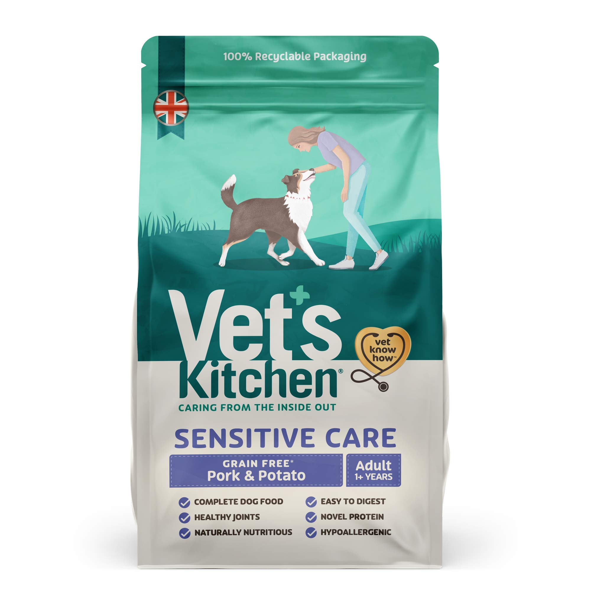 Vet's Kitchen Sensitive Care Hypoallergenic Complete Dry Adult Dog Food, Pork & Potato - Grain Free with Added Health Benefits for Sensitive Dogs (2.2kg)