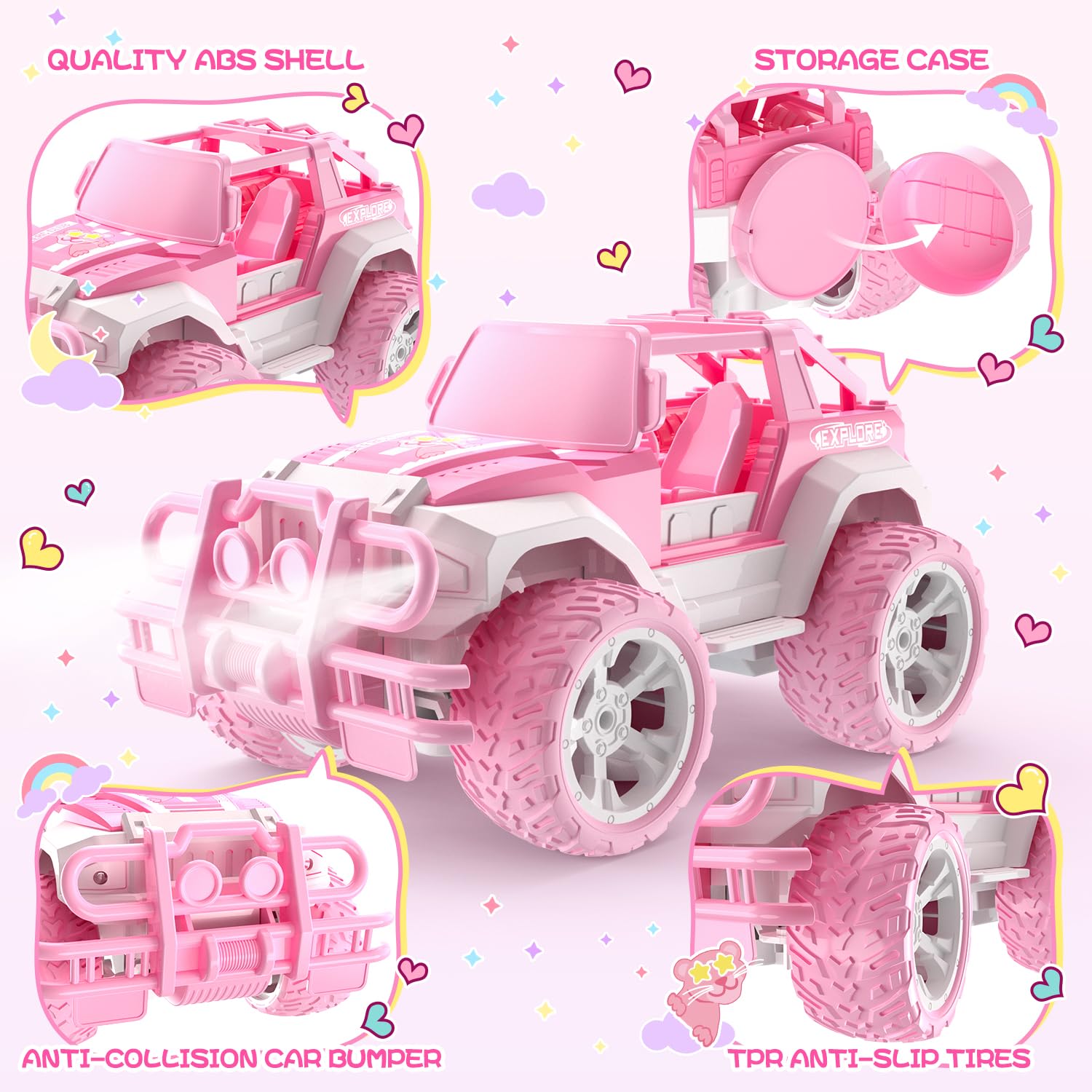 DEERC Ferngesteuertes Auto Rosa, 1:18 SUV RC Auto mit LED-Scheinwerfern, 2,4 GHz, Monster Trucks Off-Road Crawler, Geschenke für Mädchen ab 6 Jahren 3