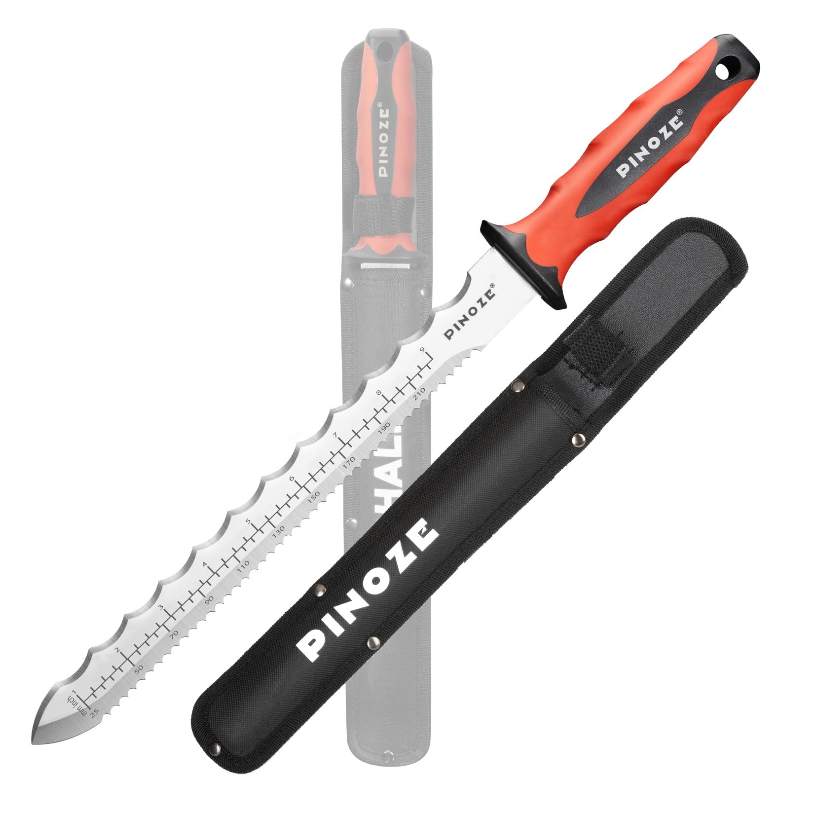 PINOZE 28cm Dämmstoffmesser, Edelstahl Klinge Isoliermesser w/Laserskala, Doppelseitige gezähnte Messer Werkzeug zum Schneiden von Wärmematerial Schaum/Steinwolle/Styrofoam, Garten Sod Cutter