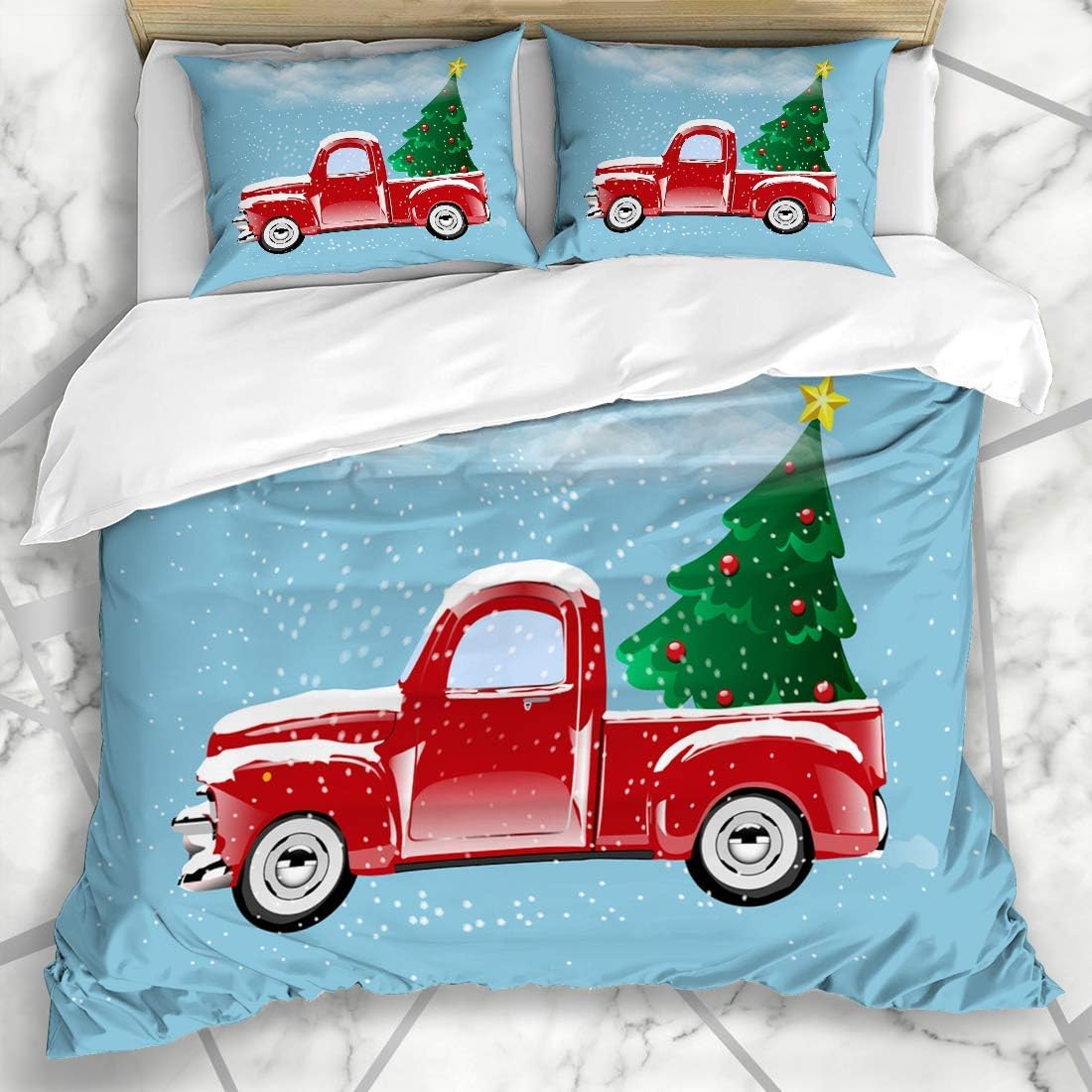 Soefipok Duvet Cover Sets Retro Red Christmas Tree Track Truck Green