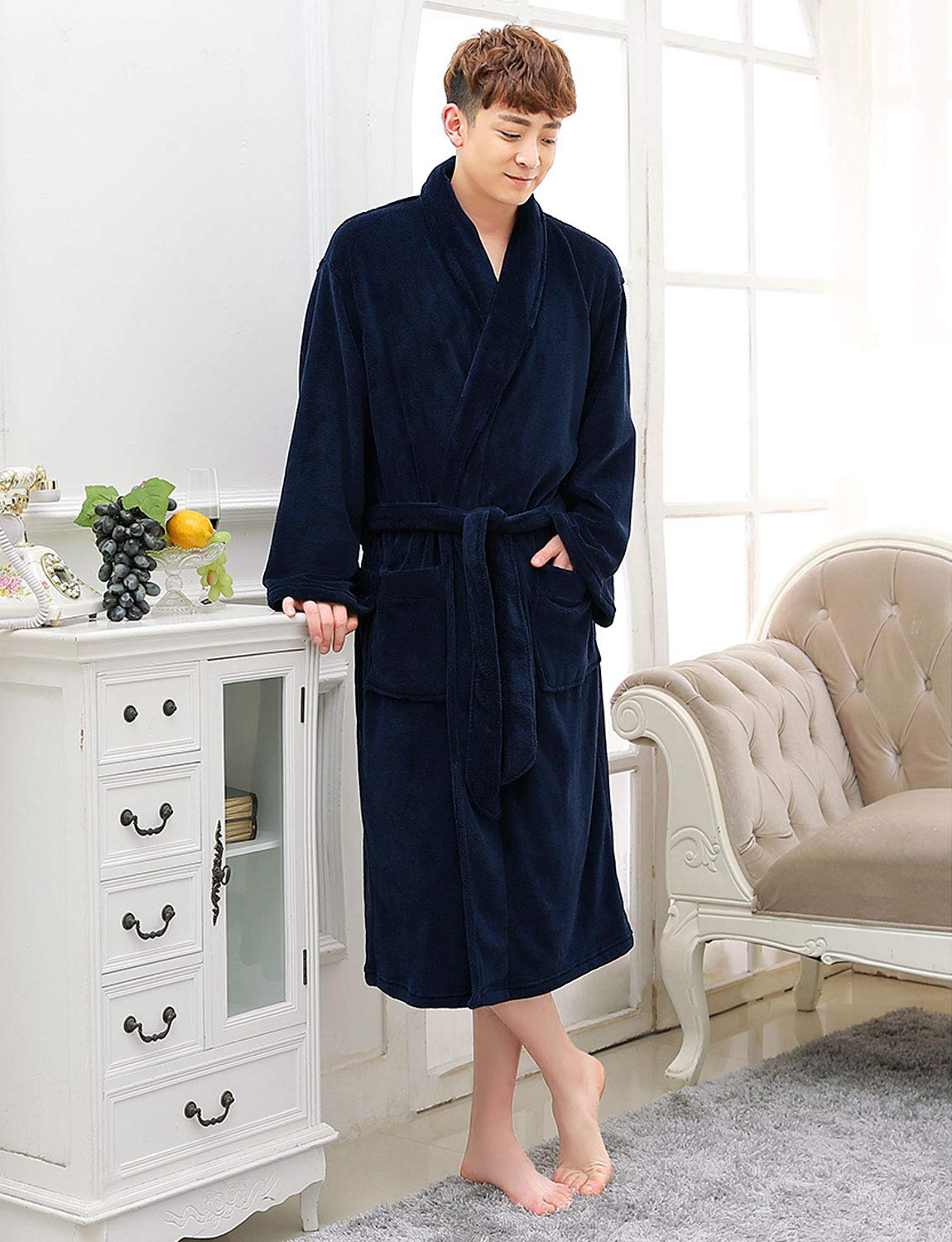 CaiDieNu Men\'s Dressing Gown Luxury Soft Bath Robe Microfiber Nightwear Knee Length Housecoat Loungewear
