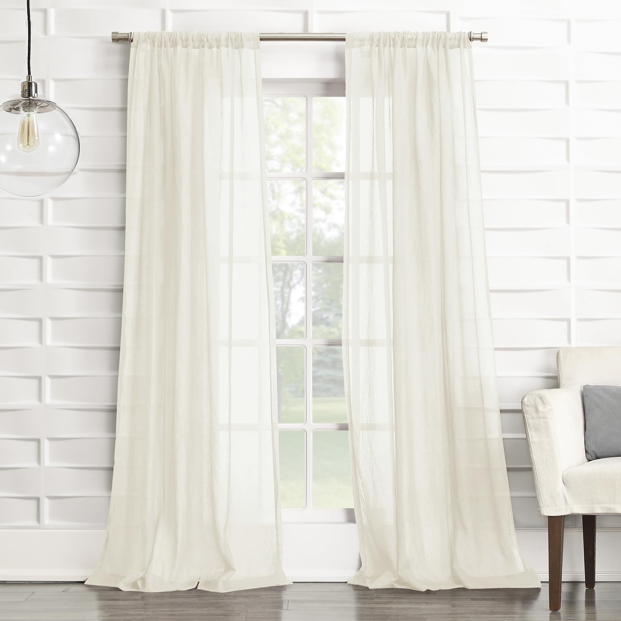 No. 918 Tayla Crushed Texture Semi-Sheer Rod Pocket Curtain Panel, 50" x 63", Cream Off-White