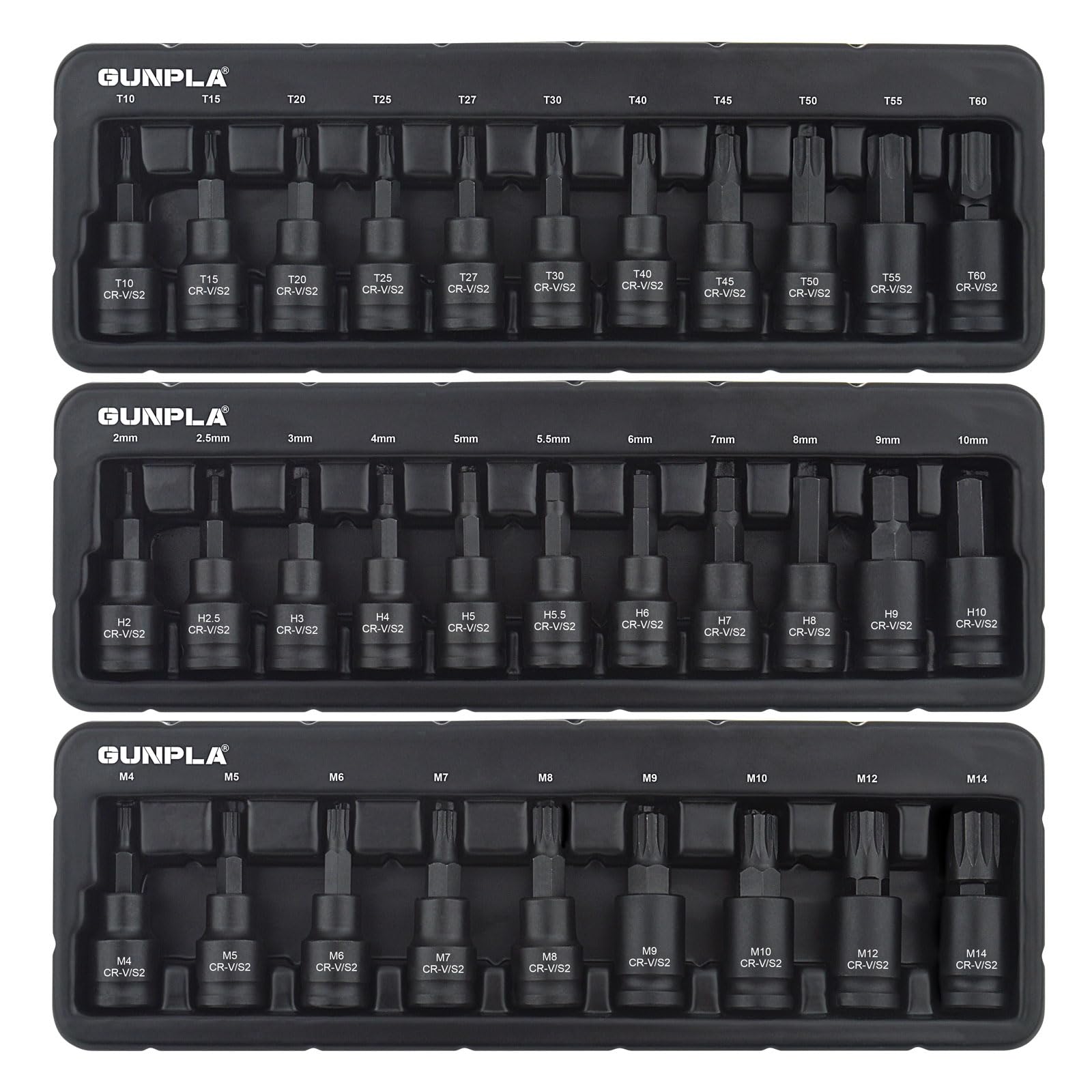 Gunpla 3/8 Inch Drive Impact Bits Sets Heavy Duty CR-V, S2 Steel Impacted Shallow Metric 31pcs Hex 2-10mm, Torx T10-T60, Spline M4-M14 Star Allen Bit Tools