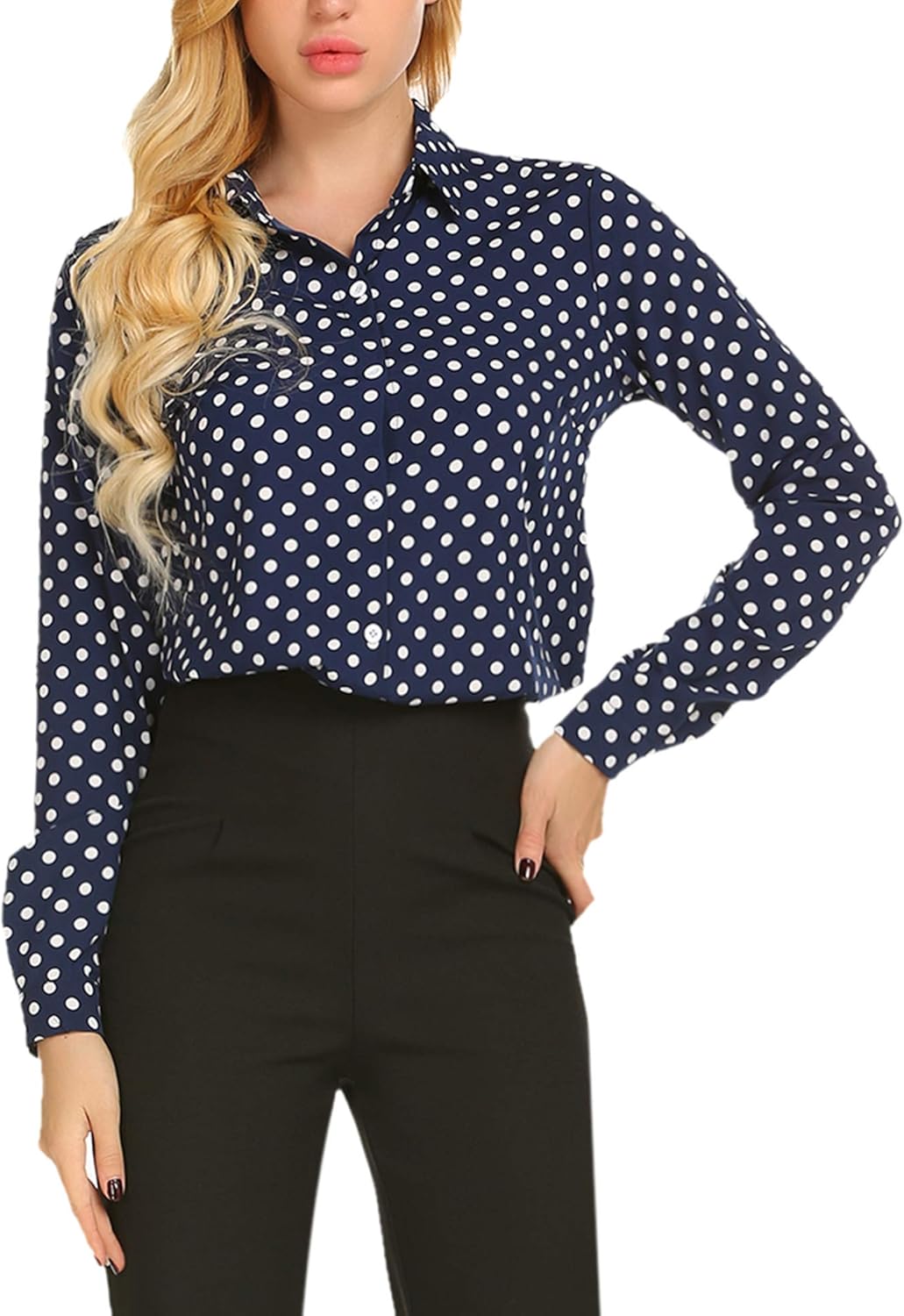 SE MIU Women's Chiffon Long Sleeve Polka Dot Office Button Down Blouse Shirt Tops at  Women’s Clothing store