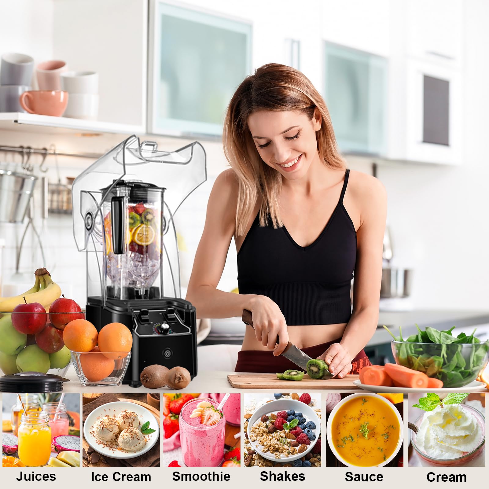 Licuadora comercial para batidos con escudo silencioso, motor de 2,5 HP, hoja de acero inoxidable, jarra de 80 oz para batidos, batidos, trituración de hielo, bebidas congeladas, 15 velocidades, autolimpieza, negra