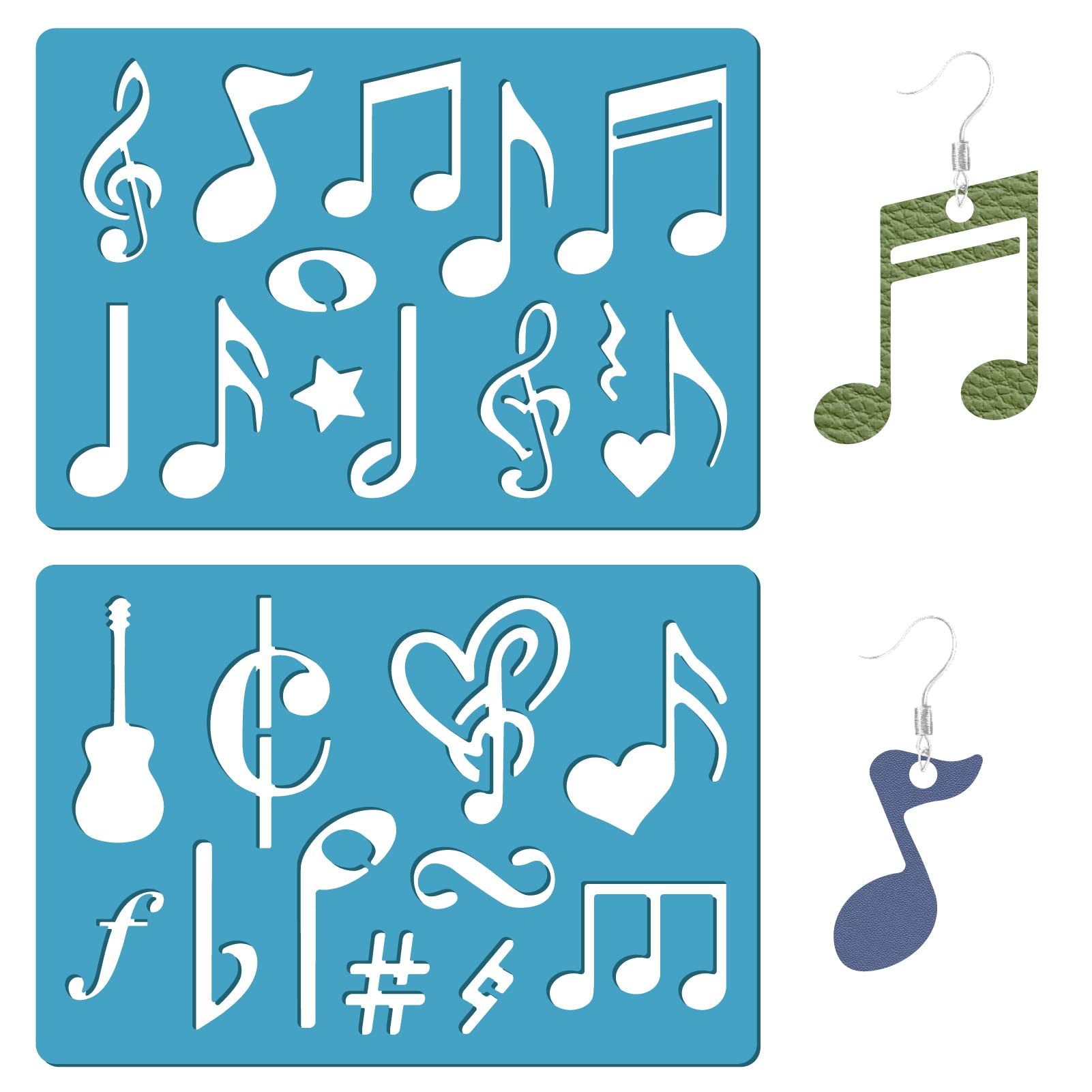 GORGECRAFT 2 Styles Musical Note Jewelry Shape Template Reusable Acrylic Cutting Stencil Heart Star Guitar Patterns Template for Leather Bracelets Earrings Jewelry Making DIY Painting Crafts 13x9cm