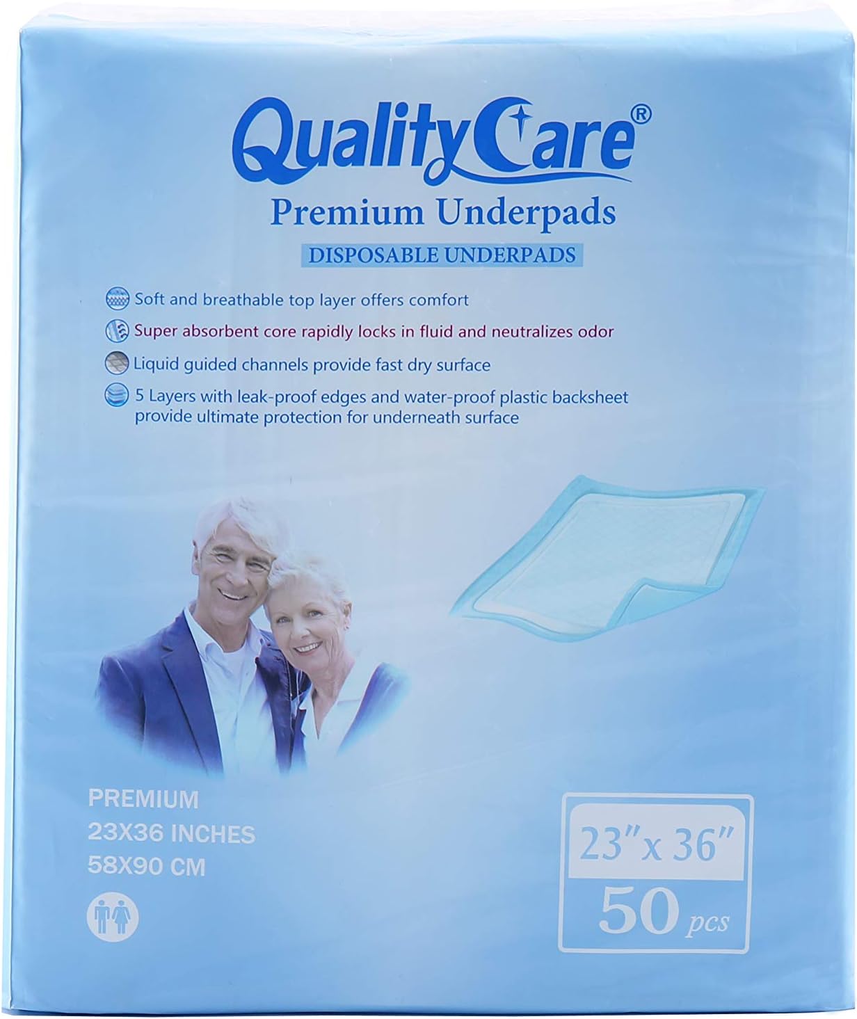 QualityCare Premium Adult Disposable Underpads for Incontinence (1 Bag of 50 Sheets), Large Size (23"x36"), Thick and Firm Disposable Bed Pads (23"x36" - 50 Count): Health & Personal Care