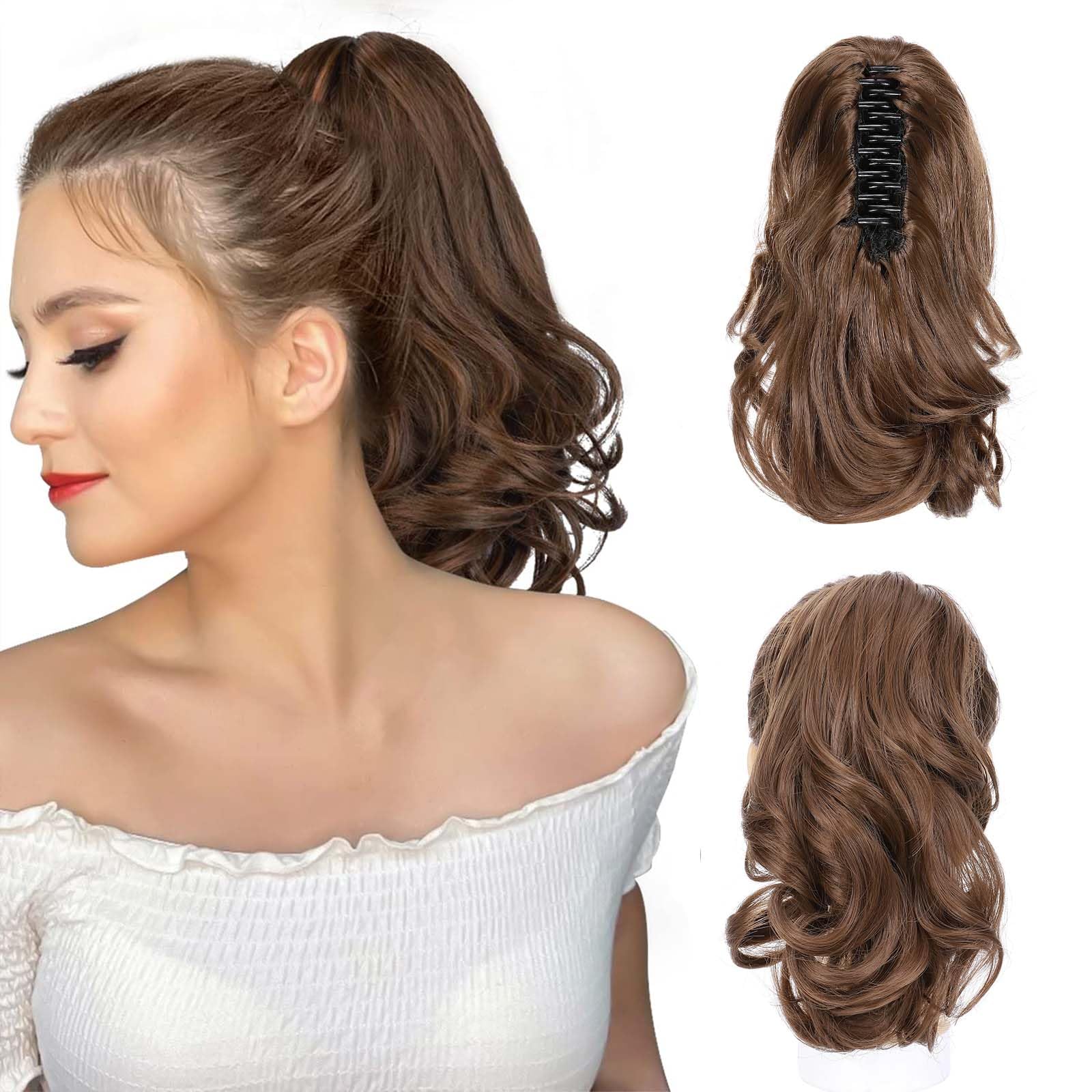 Fashion Ponytail Hair Extension Claw Curly Wavy Straight Clip in ponytail Hairpiece One Piece fake hair Ponytails for Women 12” Curly Light Brown