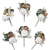 Meldel White Boutonniere for Men Wedding with Pins,Set of 6, Greenery Corsage Rose Groom Groomsmen Boutonniere for Wedding,Prom,Homecoming,Party,etc.