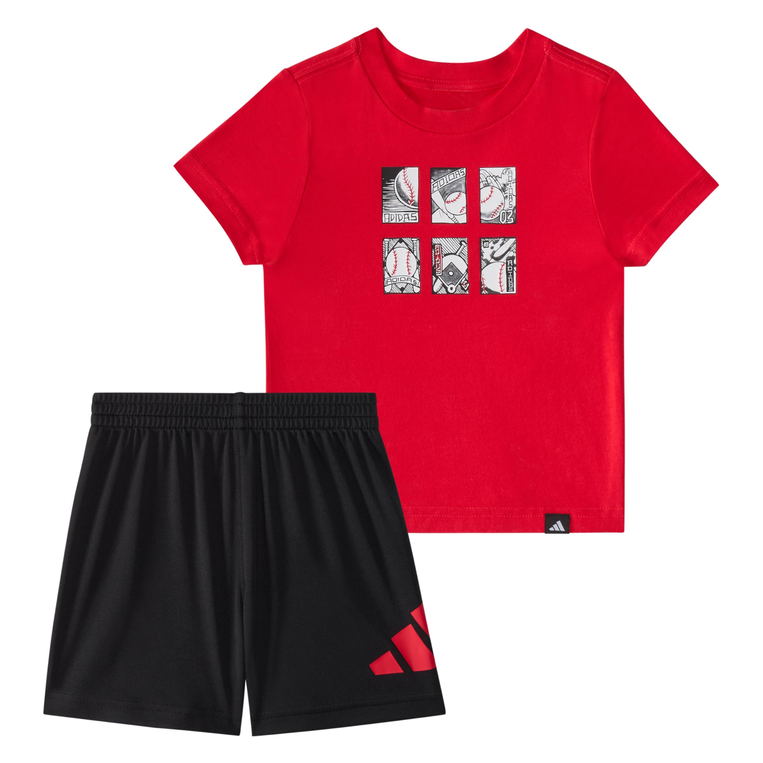 adidas Baby Boys’ Short Sleeve Cotton Tee and Logo Short Set, Pure Ruby, 9M
