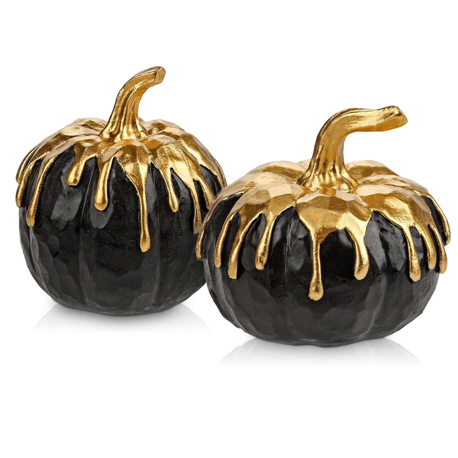 Photo 1 of Hollyone Fall Pumpkin Decor 2 PCS Black and Gold Resin Pumpkin Fake Pumpkins for Decorating Figurines Artificial Pumpkins Centerpiece Rustic Farmhouse Halloween Table Fall Decorations for Home