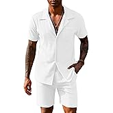 URRU Mens Short Sets 2 Piece Outfits Summer Beach Terry Short Sleeve Button Down Shirt and Shorts Set