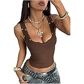 MakeMeChic Women's Punk V Neck Tank Tops Notched Eyelet Sleeveless Fitted Y2k Crop Chocolate Brown Top