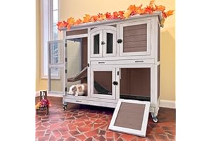 SUUMERPETY Rabbit Hutch Indoor Bunny House Guinea Pig Cage with Sliding Plastic Trays, Wheels & Ramp, 47.2" Multi-Door Wooden Small Animal Cage for Rabbits, Bunnies, and Guinea Pigs (Brown)