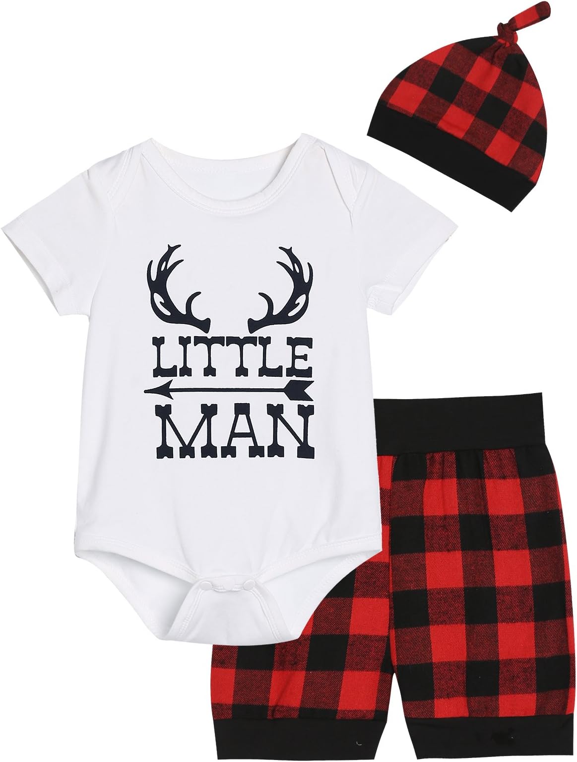 Baby Boys Girls Cute Deer Little Man Short Sleeve Plaid Clothes Outfit Set