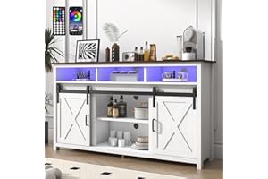 jiteentarou Farmhouse Coffee Bar Cabinet with Power Outlet, Rustic Sideboard Buffet Storage Cabinet with Storage, Wood Buffet Cabinet Serving Table Cupboard for Dining Room, Living Room, White