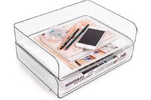 Wemfg File Organizer, Clear Stackable Desk Organizers and Accessories Tray Set, PET Letter Tray Paper Tray, A4 Size Office Desktop File Paper Holder Book Storage Rack (2 Pack x Landscape)