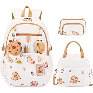 DIGOBAY Backpack for Girls, 5PCS School Bookbag with Lunch Box Pencil Case | Capybara Girls Backpack with Coin Purse Bow Pend