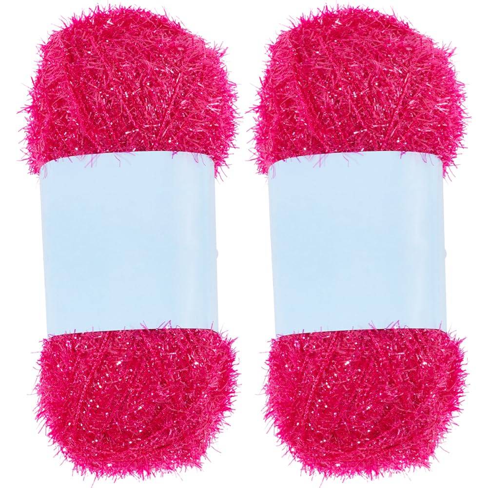 GORGECRAFT 200m 2 Rolls Sparkle Scrubby Yarn Bundle Metallic Scrubby Polyester Scrub Eyelash Dishcloth Yarn for Knitting Weaving Crochet Doll Hat Cleaning Tool Craft Project Watermelon Color