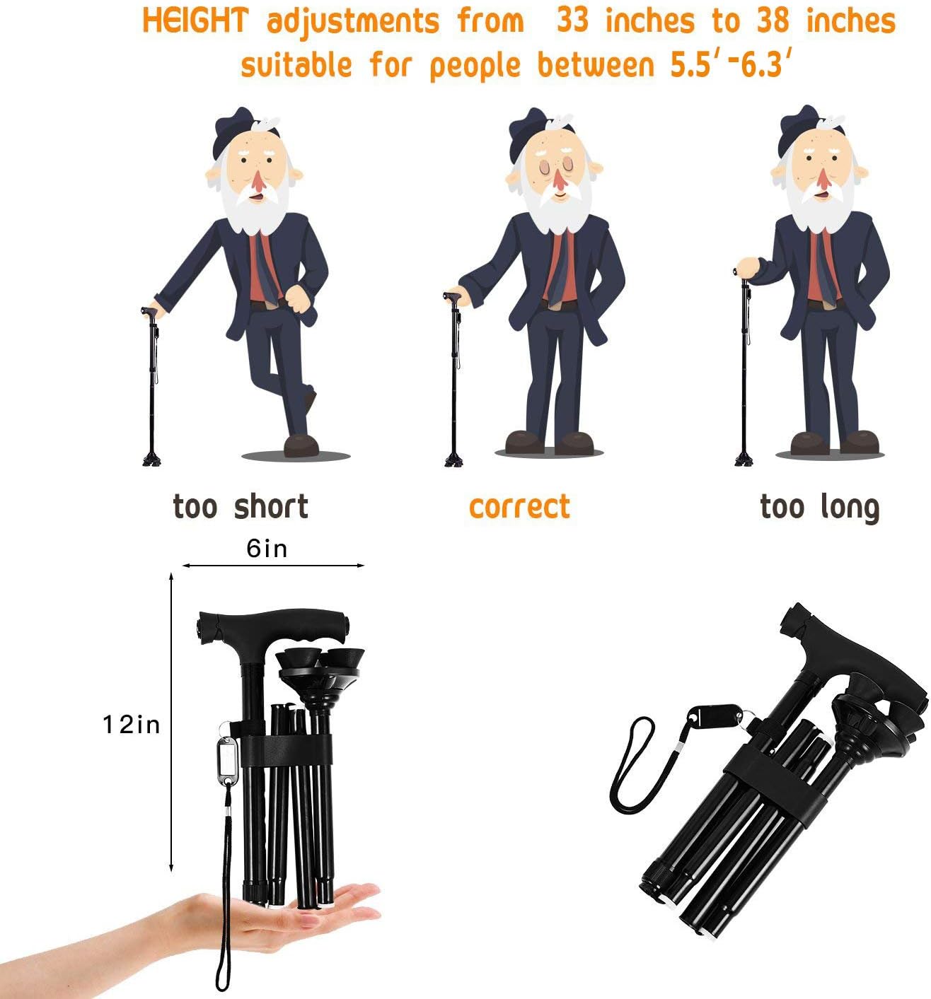 BigAlex Folding Walking Cane with LED Light,Pivoting Quad Base,Adjustable Walking Stick with Carrying Bag for Man/Woman: Health & Personal Care