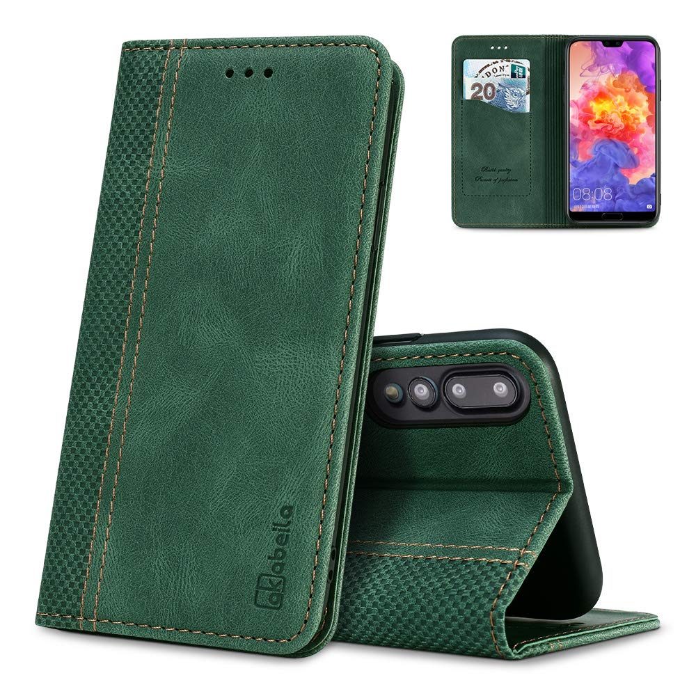 AKABEILA Case for Huawei P20 Pro Premium Leather Flip Wallet Case with Magnetic Closure Kickstand Card Slots Folio Phone Case Cover Protective Shockproof Green