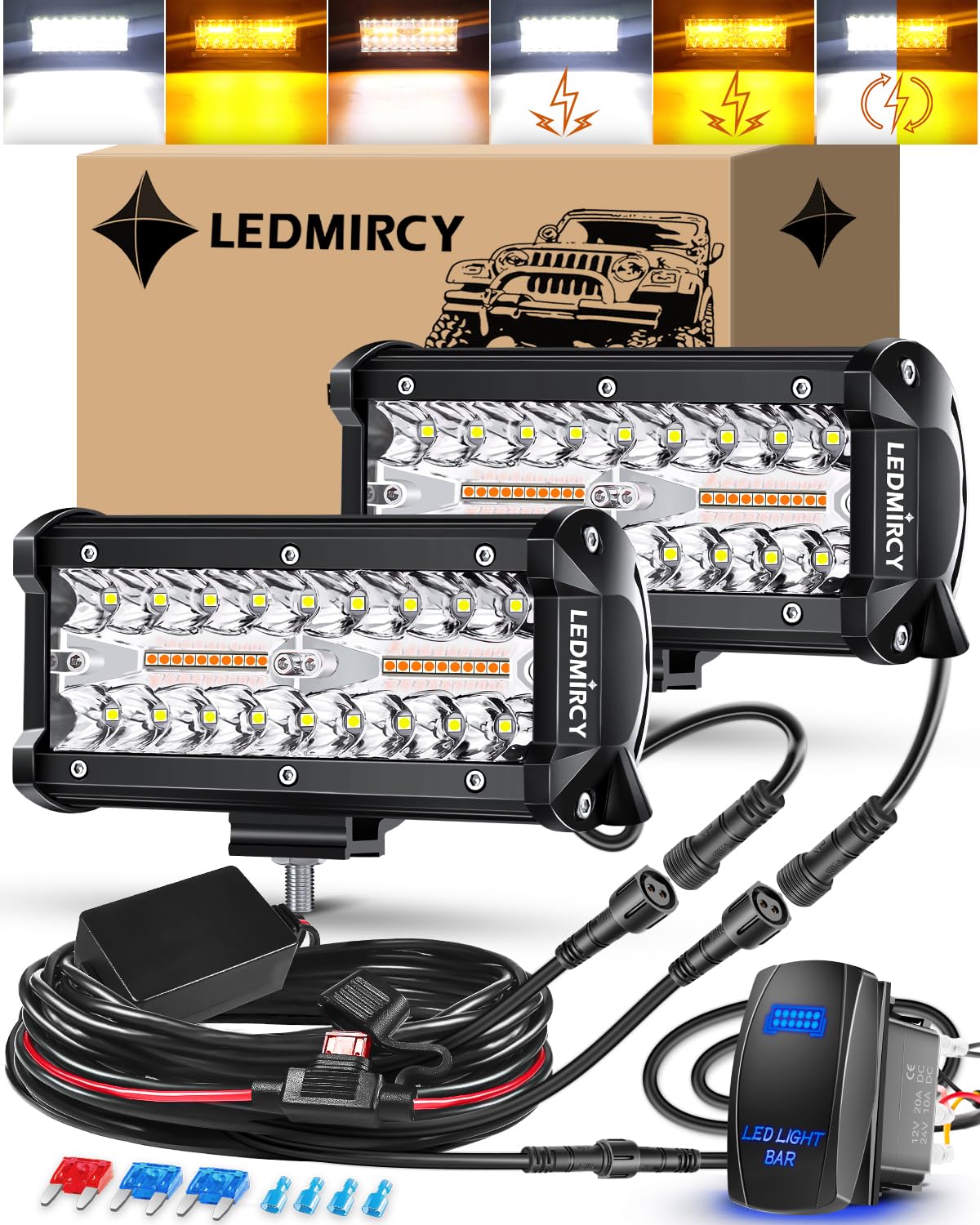 Photo 1 of LEDMIRCY 7 Inch LED Light Bar Kit with Rocker Switch 6 Modes White Amber Offroad Light Bar with Memory Function Strobe Light with Wiring Harness Flashing Work Lights for Trucks Boat Tractor Etc