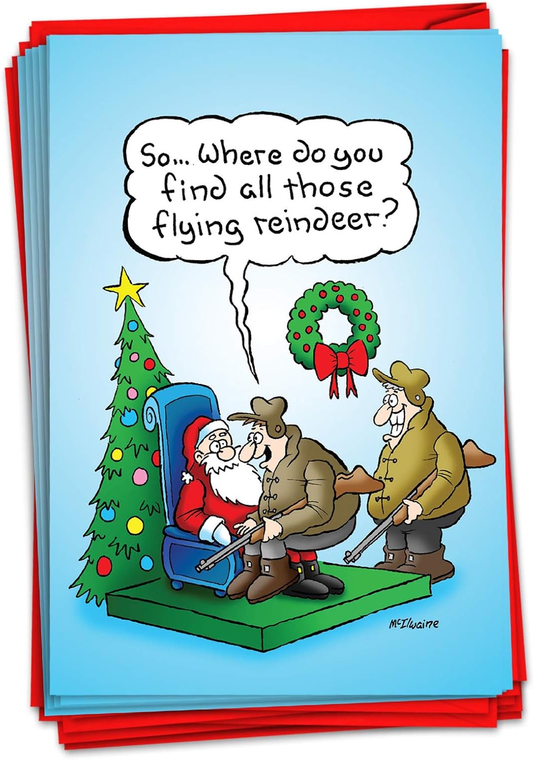 Amazon Com 12 Hunter Flying Reindeer Boxed Christmas Cards With Envelopes 4 63 X 6 75 Inch Hilarious Illustrated Cartoon Christmas Cards Hunter S Christmas Holiday Notes Shooting Reindeer Cards B1894 Greeting Cards Office Products