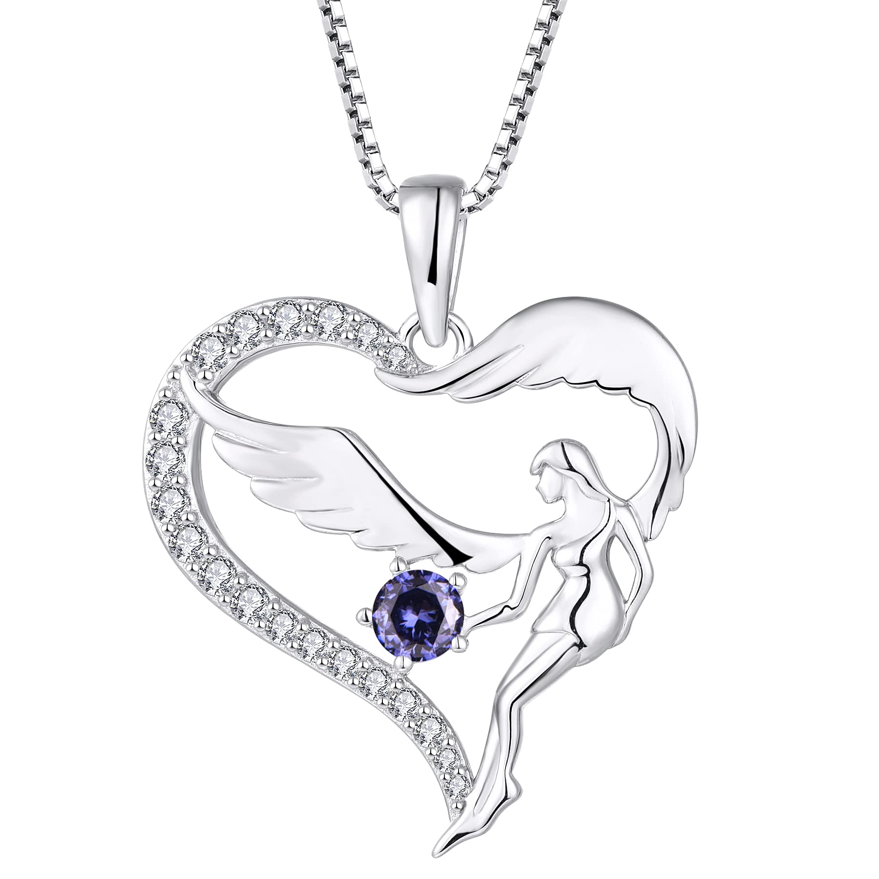 FJ Heart Guardian Angel Necklace 925 Sterling Silver Angel Wing Pendant December Birthstone Necklace Tanzanite Jewellery for Women