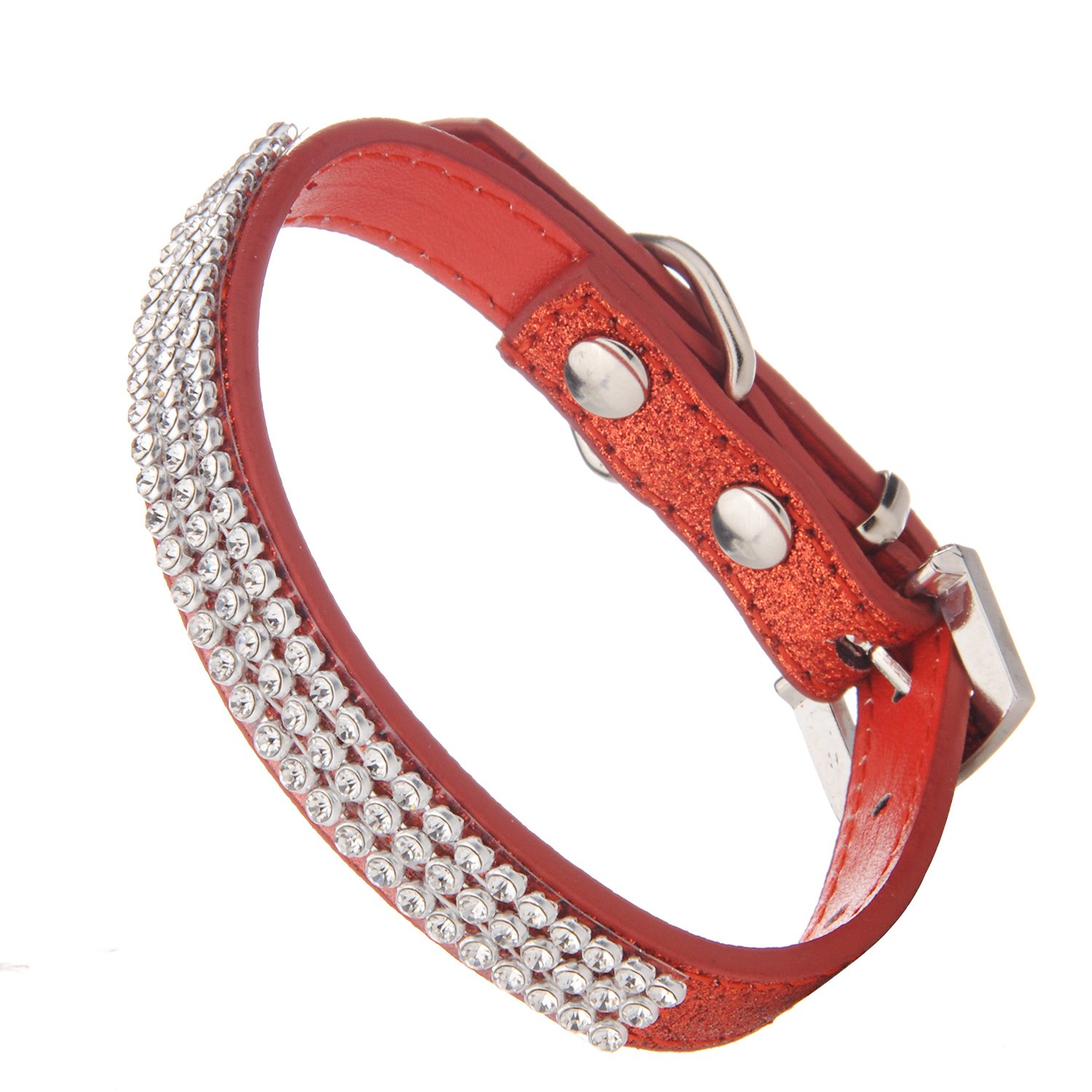 LOVPE,Dog Collar,Glitter Powder Leather+Bling Crystal Pet Collar, [Adjustable Collars for Dogs] Neck 8~11 inch (XS, Red)