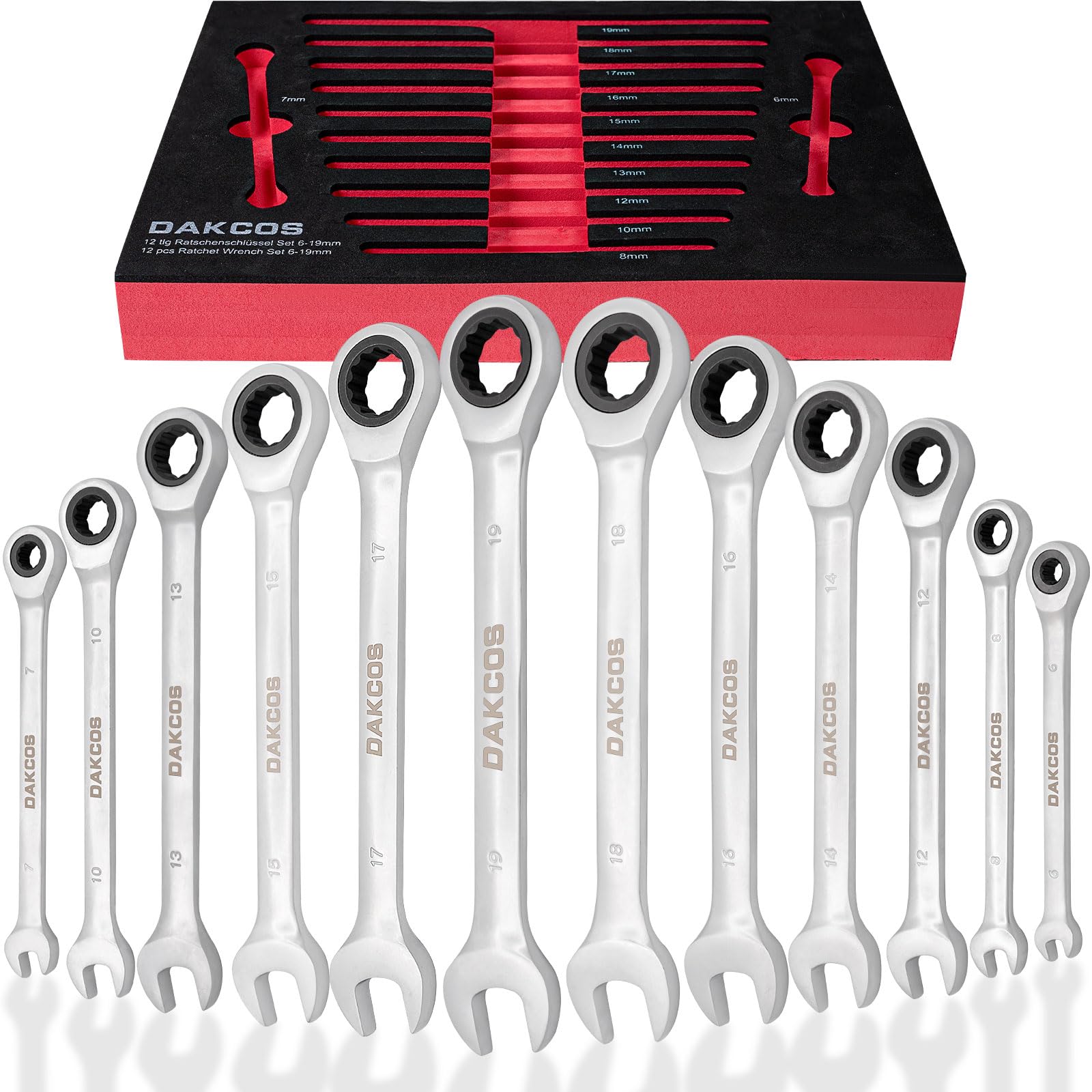 DAKCOS 12 Pieces Fixed Head Ratchet Spanner 6, 7, 8, 10, 12, 13, 14, 15, 16, 17, 18, 19mm Ratchet Spanner Ratcheting Combination Wrench Chrome Vanadium Steel with Case