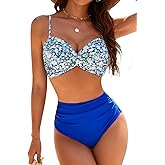 SEAFORM Women's Bikini Sets Two Piece Tummy Control Swimsuit High Waist V-Neck Beachwear Twist Front Straps Bathing Suits