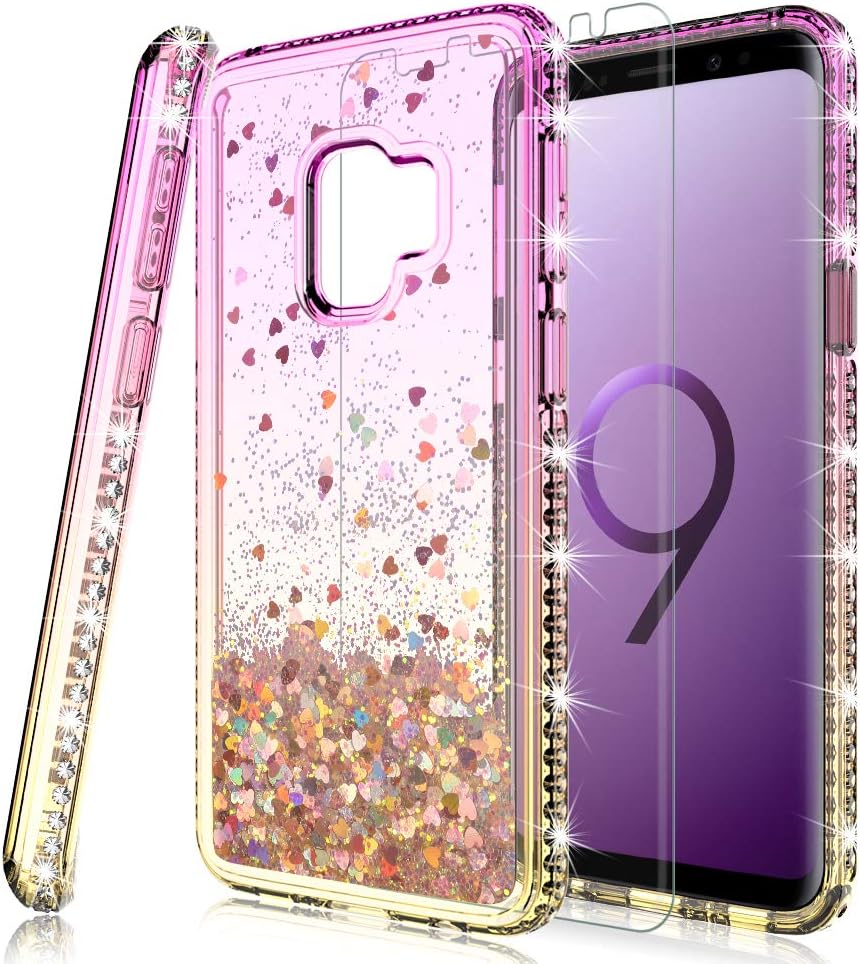 HATOSHI Galaxy S9 Glitter Case (Not Fit S9+) with Screen Protector for Girls Women, Floating Gradient Quicksand Sparkles Bling Diamond Clear Cute Protective Case for Samsung Galaxy S9 (Pink/Gold)