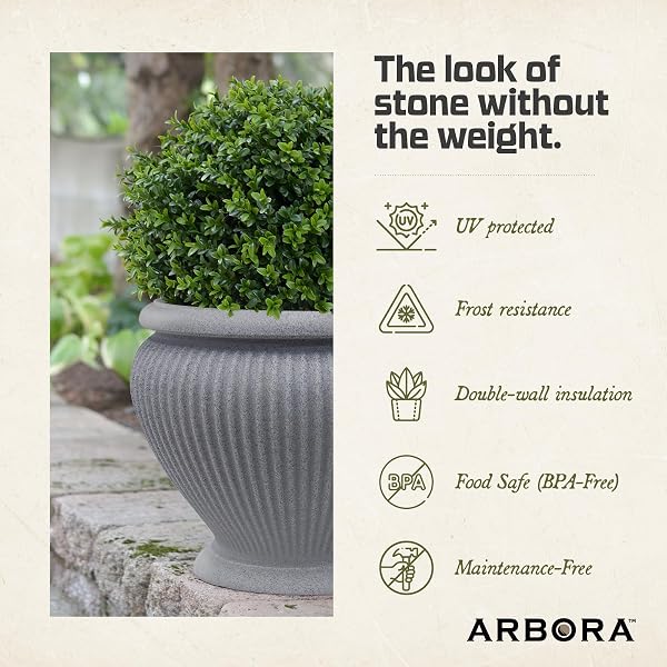 ARBORA 18″ CANNES URN POLYRESIN INDOOR AND OUTDOOR PLANTER WITH STONE BLEND CONCRETE GRAY FINISH – DURABLE, WEATHERPROOF, LIGHTWEIGHT, LARGE PLANT POT FOR PATIO, GARDEN, DECK, ENTRYWAY