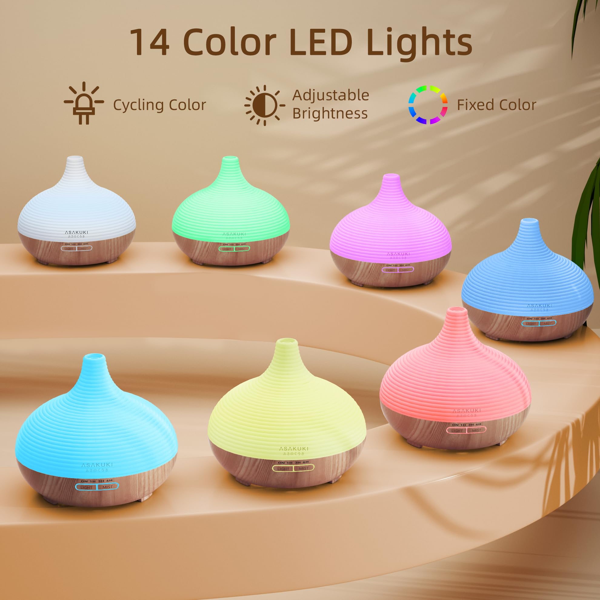 ASAKUKI 300ML Essential Oil Diffuser, Wood Grain BPA-Free Whisper Quiet Cool Mist Humidifier, Natural Home Fragrance Diffuser with 14 Colors LED Lights and Easy to Clean - Light Brown