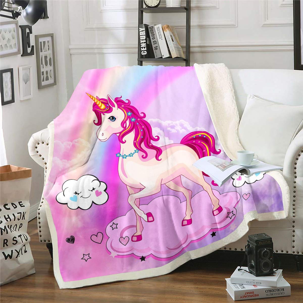 Unicorn Plush Blanket Cute Pink Dreamy Horse Printed Fleece Blanket Cartoon Magical Animal Sherpa Throw Blanket for Bed Sofa Couch Bedroom Decor Rainbow Fuzzy Blanket Single 50"x60"
