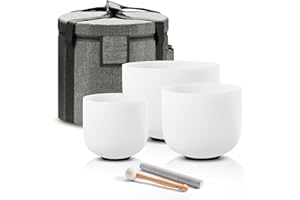 CVNC 432HZ 6"A Third-eye, 7"C Root, 8"F Heart Frosted Quartz Crystal Singing Bowl Chakra Set of 3 with Carry Case Bag for Sound Healing and Meditation
