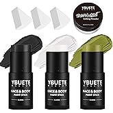 YBUETE Black White Ogre Green Face Body Paint Stick Set with Translucent Setting Powder and Sponges, Professional Full Coverage Face Painting for Adults Halloween Cosplay SFX Skull Witch Hulk Makeup