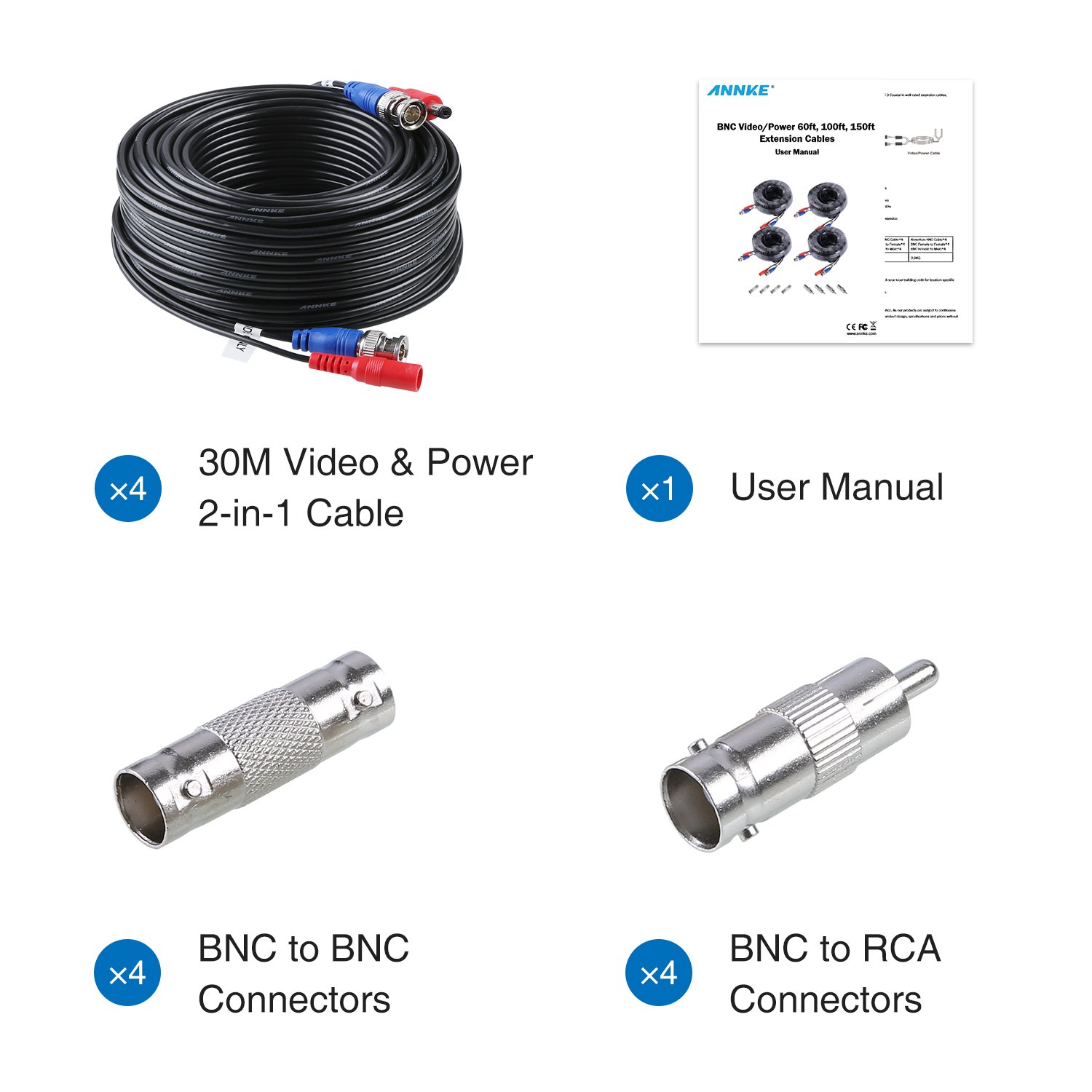 ANNKE 100 Feet (30 meters) 2-In-1 Video/Power Cable with BNC Connectors and RCA Adapters for Video Security Systems (4-Pack, Black)