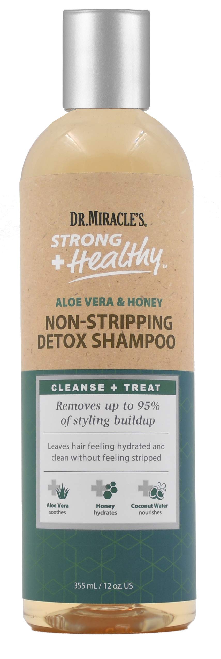 Dr. Miracle's Strong & Healthy Non Stripping Detox Shampoo. Contains Aloe Vera, Honey and Coconut Water to combat dryness, shedding and breakage to support healthy hair and a thriving scalp.