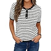 Saodimallsu Womens Short Sleeve Sweaters Striped Henley Knit Shirts Casual Summer Crochet Lightweight Pullover Tops