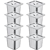 8 Pack Stainless Steam Hotel Pan 6 Deep Steam Table Pan with Lid 0.8 mm Thick Stainless Steel Restaurant Anti Clogging Steamer for Party, Restaurant, Hotel(1/6 Size)