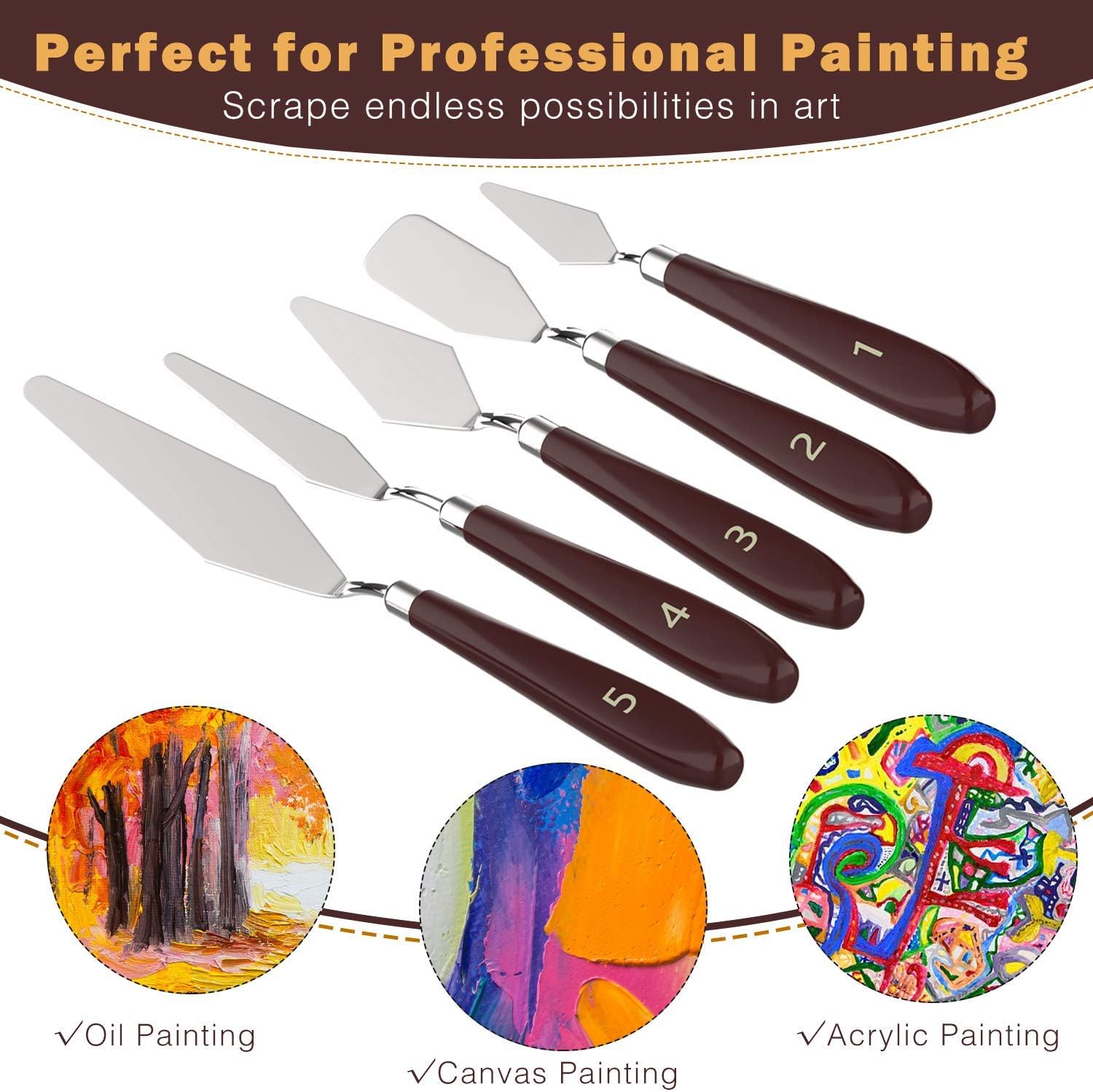 MoKo 5 Pieces Stainless Steel Palette Knife Set, Thin and Flexible Art Tools with Wooden Handle for Oil Painting, Color Mixing, Thick Application Acrylic Painting, Reddish Brown