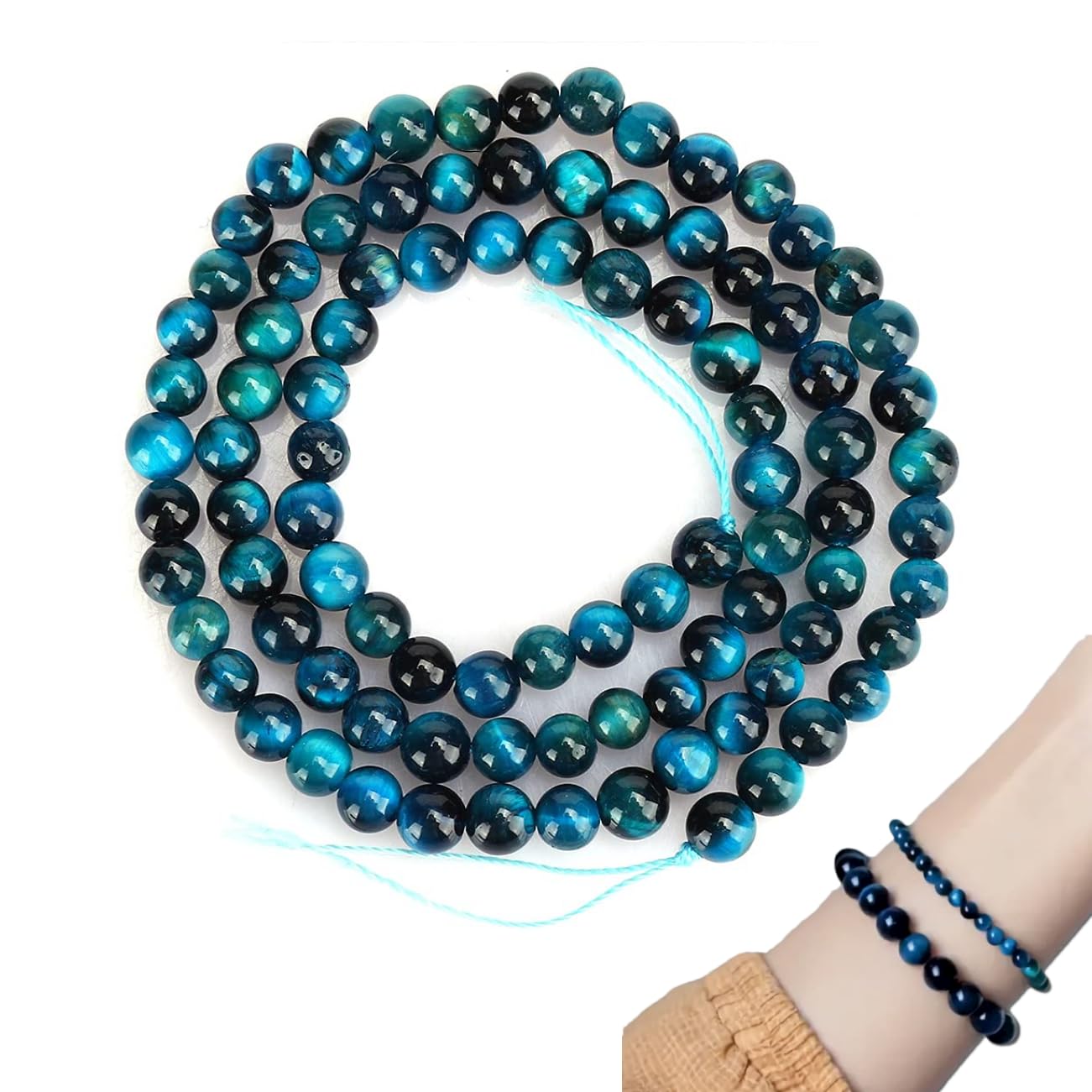 Tissting Blue Tiger Eye Beads, High Gloss Natural 8mm Round Gemstone Beads Set for DIY Jewellery Making Bracelets and Necklaces Craft for Women and Girls