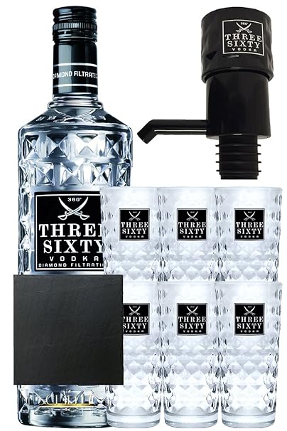 Three Sixty Vodka 3,0 Liter Geschenkset mit 6 Gläsern Pumpe und Untersetzern
