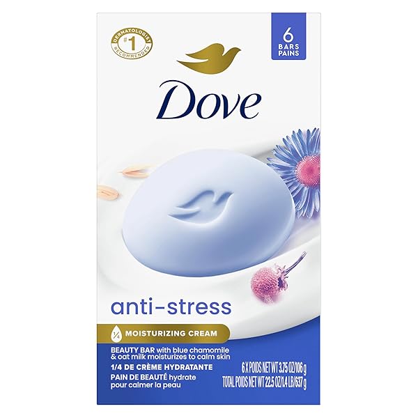 DOVE BEAUTY BAR GENTLE CLEANSER ANTI-STRESS CREAM BAR MOISTURIZES TO CALM SKIN GENTLE BAR SOAP CLEANSER MADE WITH 1/4 MOISTURIZING CREAM 6 PACK